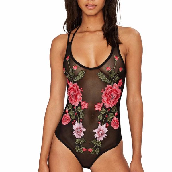 

See through mesh one-piece suit rose embroidered piece swimsuit women sexy non-padded bathing suit transparent swimwear black