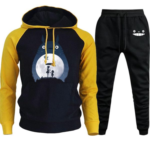 

totoro cartoon print streetwear mens raglan hooded autumn winter 2019 new japan anime suit male fashion hoodie+pants 2 piece set, Gray
