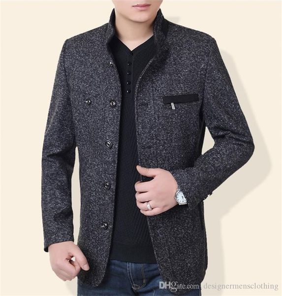 

зима мужские пальто шерсти сплошной цвет stand collar шеи средние длинные мужские куртки вскользь однобортный мужской шинель с кнопкой, Black