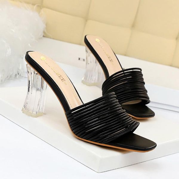 

european and american elegant daily female slippers transparent crystal heel high-heeled square head open toe hollow female sand, Black