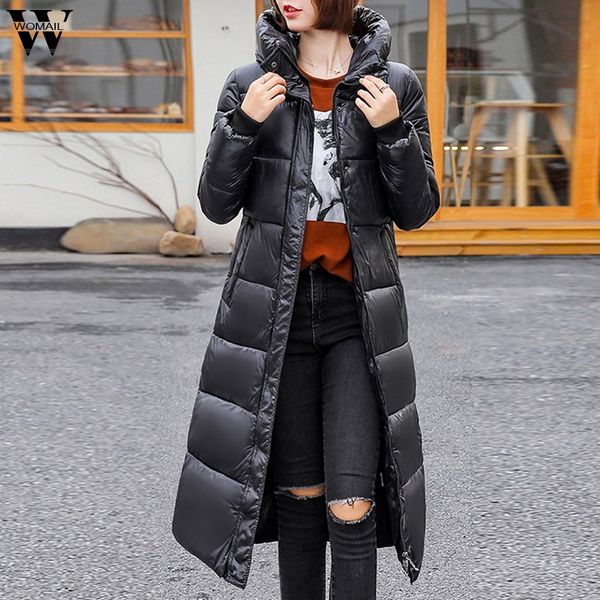 

womail women coats solid cotton-padded zipper long pockets overcoat thicker warm parkas jacket 2019 winter fashion hooded coat, Black