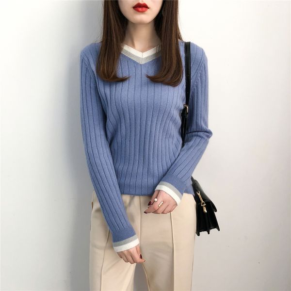 

mvlyflrt spring and autumn v-neck color matching sweater women loose pullover vertical stripes thin section knit shirt sweater, White;black