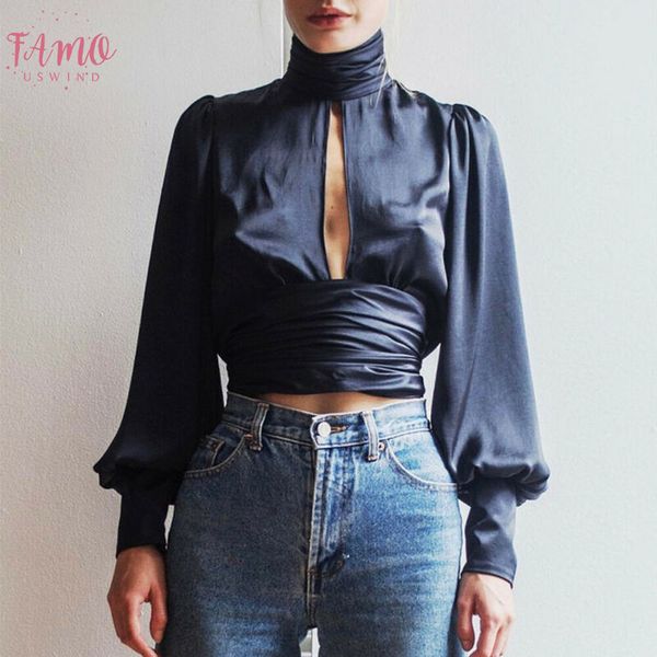 

women work office blouse loose hollow long sleeve turtleneck backless shorts solid blouse holiday travel wear, White
