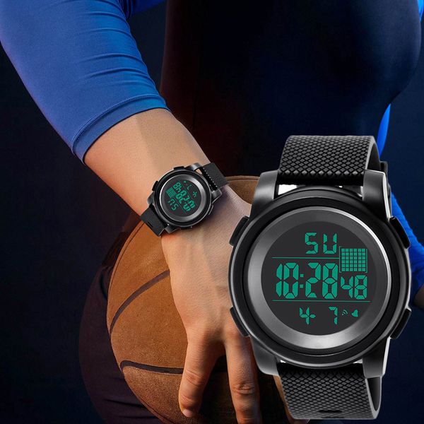 

men casual sport digital watch multifunctional waterproof large dial electronic watch j55, Slivery;brown