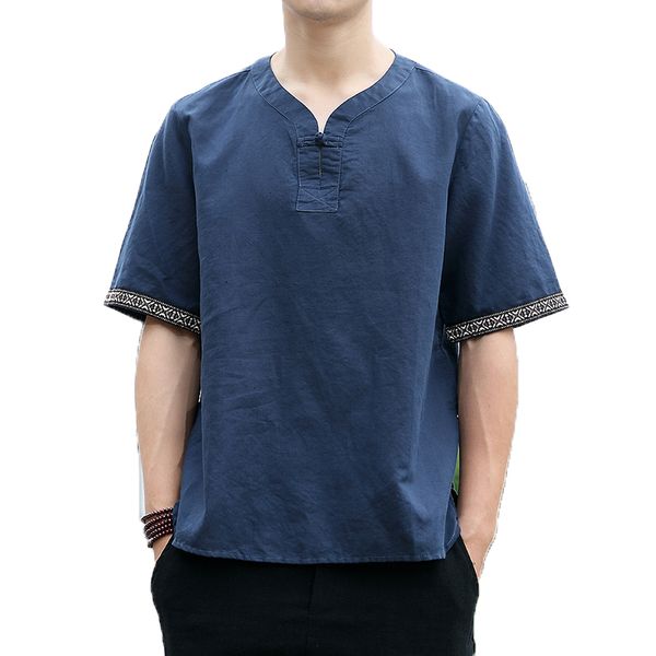 

2019 linen t shirt men summer v neck retro short sleeve tees chinese style solid tee shirts pullover man streetwear tshirt, White;black