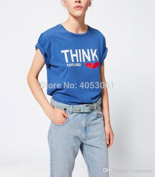 

cotton letter printing tee - 2019ss ladies o neck short sleeve printed t shirt blue/dark color, White