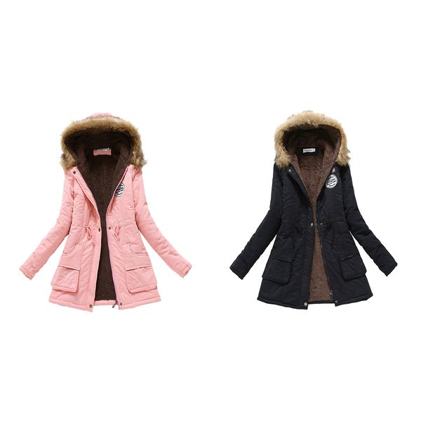 

korean women winter warm hooded coat windproof faux fur parka jacket trench outwear large size thick lamb hair warm sliming coat, Black