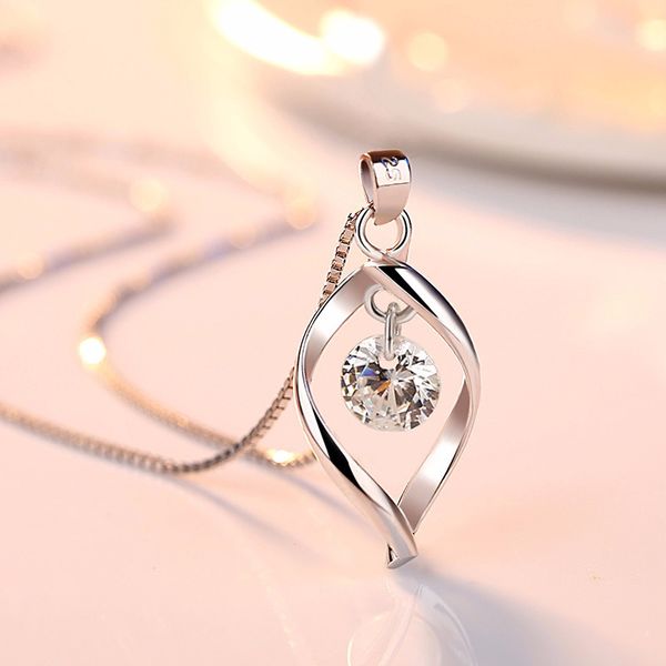 Women‘s 925 Solid Silver AAA Crystal Heart Pendant Necklace Fashion Jewelry