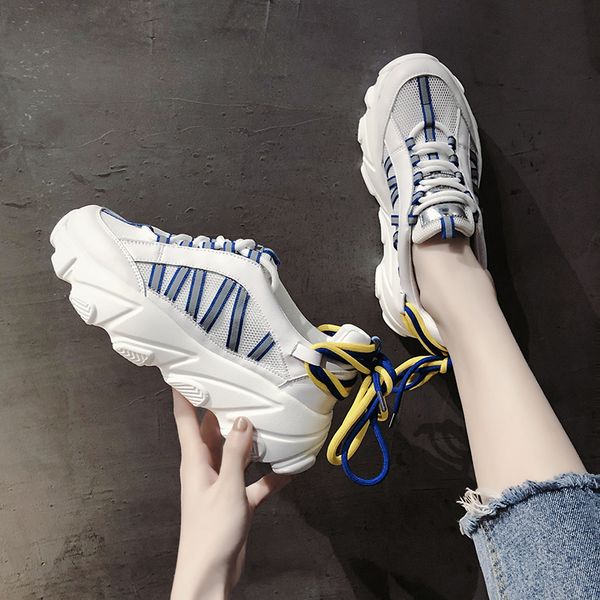 

women's chunky sneakers 2019 fashion women platform shoes lace up vulcanize shoes womens female trainers dad, Black