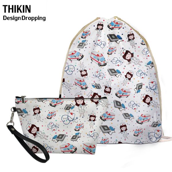 

thikin nursing women drawstring bags cute cartoon nurse needle tube ambulance printing make up case for ladies travel package