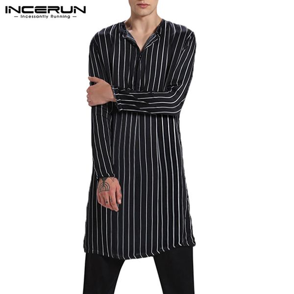 

incerun striped men long shirts long sleeve v neck kurtas casual streetwear 2020 chic vintage comfy camisas hombre, White;black