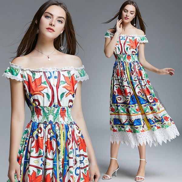 

women floral dress bohemian a-line slash neck short sleeves dress summer vintage beach off shoulder lace sundress party dresses, Black;gray