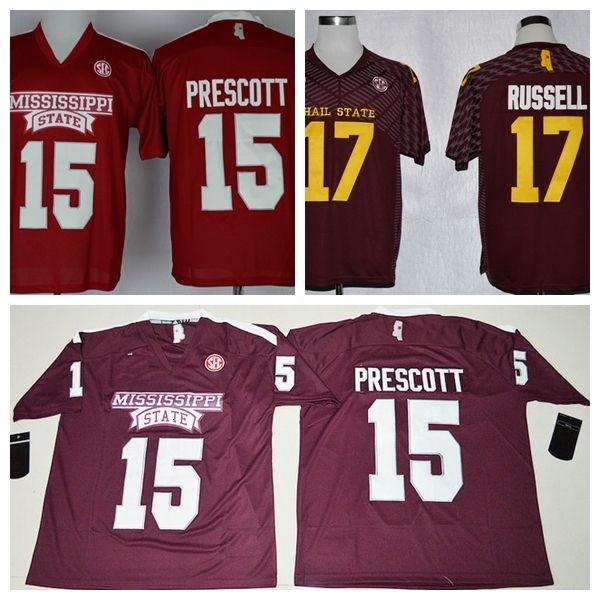 

ncaa mens бульдоги трикотажных изделий оптовая дешевые 15 дак prescott американский футбол джерси каштановый красный прошитой вышивка логоти, Black