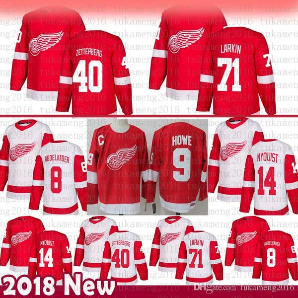 

mens detroit red wings 71 dylan larkin hockey jersey 14 gustav nyquist 40 henrik zetterberg 8 justin abdelkader 19 steve yzerman gordie howe, Black;red