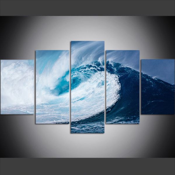 

5 piece large size canvas wall art pictures creative ocean deep blue ocean huge waves poster art print oil painting for living room