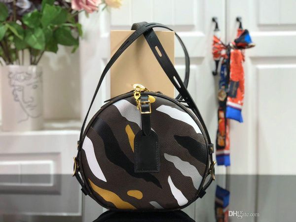 

designer luxury women bags round bag crossbody bags adjustable belt genuine leather gold lock trim camouflage pattern