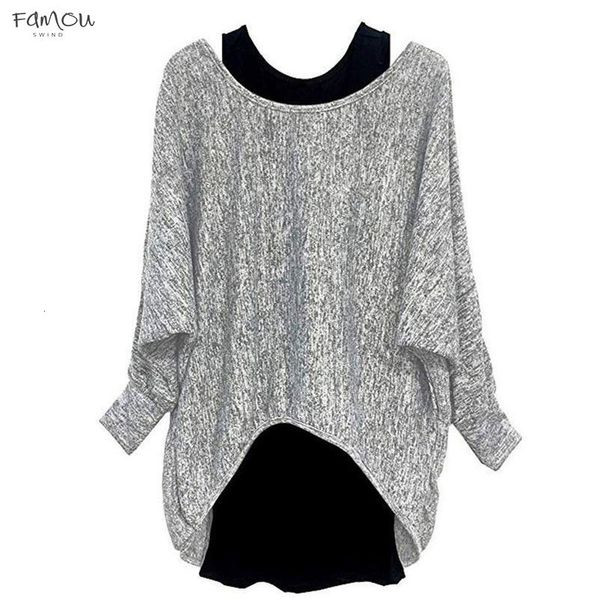 

fashion womens solid loose batwing sleeve blouse long sleeve crew neck blouse sleeveless tank autumn winter two piece blusas, White