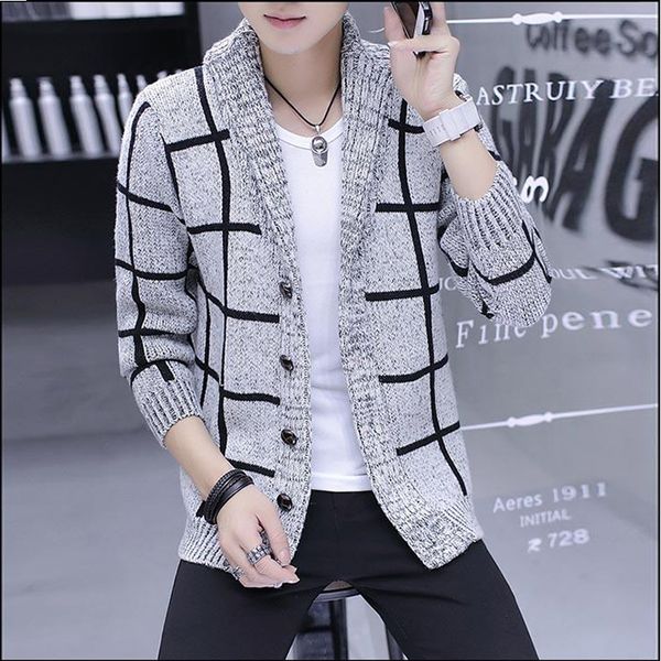 

2019 autumn winter cardigan men v neck sweatercoat men cardigans slim cashmere striped knitted mens sweaters, White;black