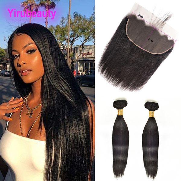 

indian raw virgin hair wholesale two bundles with 13x6 lace frontal baby hairs natural color mink straight hair wefts with closures, Black;brown