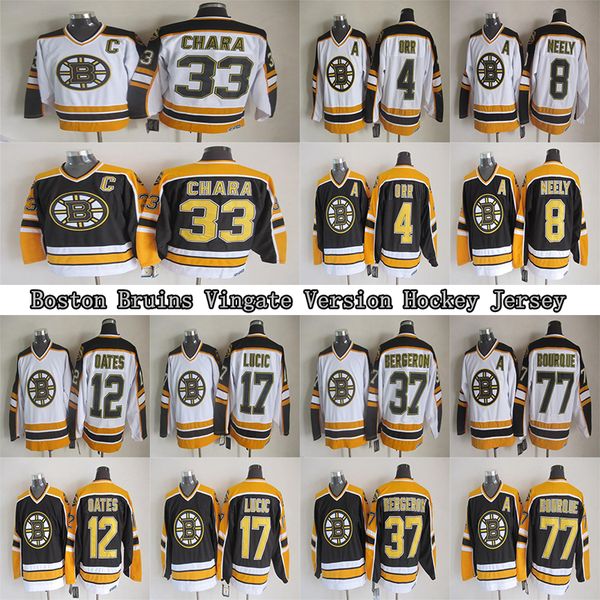 

men's boston bruins vintage jerseys 33 chara 4 orr 8 neely 37 bergeron 77 bourque 17 lucic ccm hockey jersey, Black;red