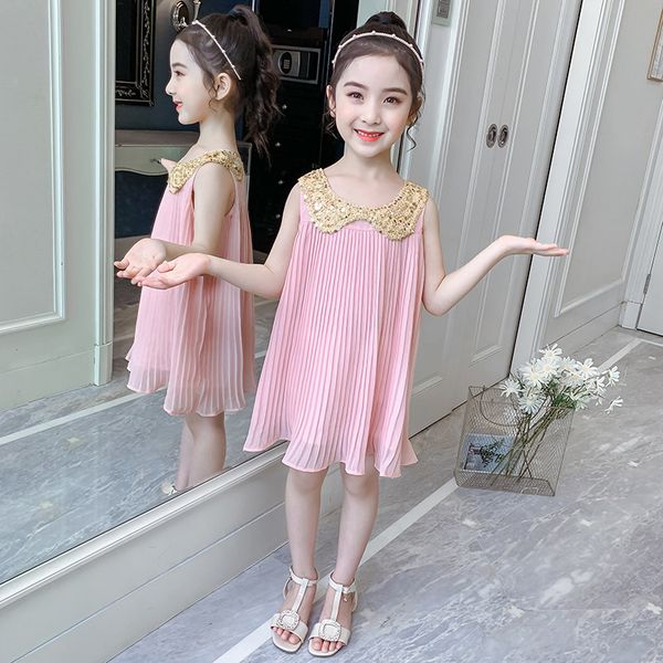 

summer chiffon girls dress pleated sequined neck kids clothes for girl sleeveless solid color children princess party dresses, Red;yellow