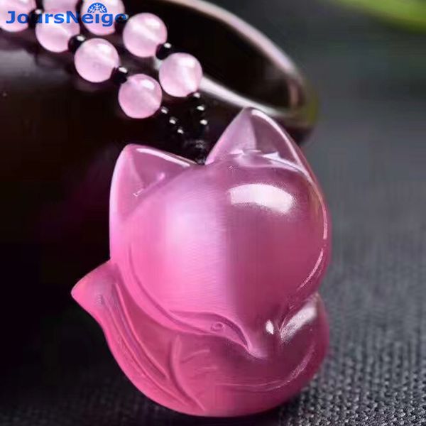 

wholesale pink cat's eye natural stone pendants carved fox sweater chain necklace lucky for women girl gift crystal jewelry, Silver