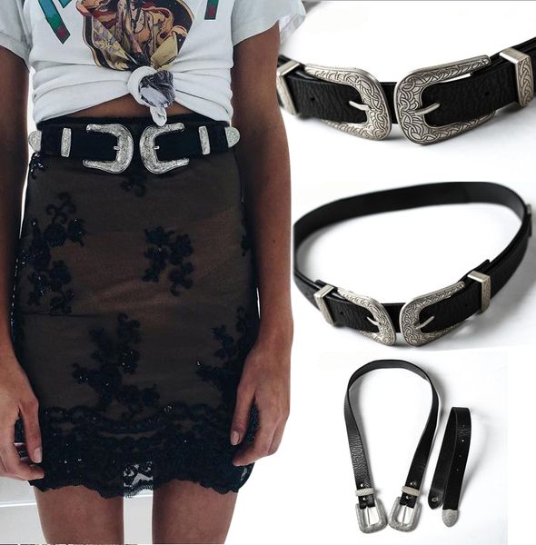 

fashion women lady vintage boho metal leather belts double buckle waist belt waistband belts female dropshipping, Black;brown