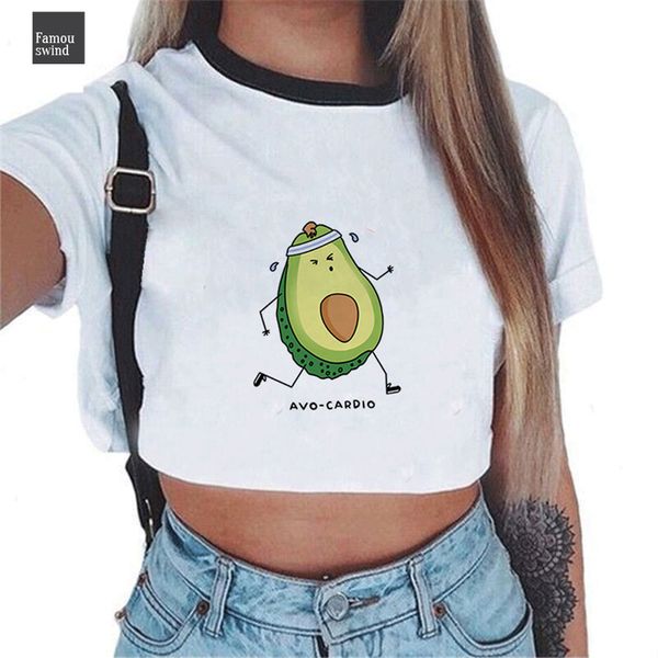

t shirt v neck harajuku kawaii cute vegan cartoon avocado print fashion friends crop women vegan tee shirt femme, White