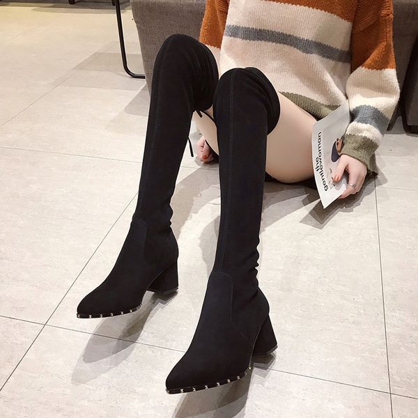 

women lace up over the knee boots high heel black thigh high boots women 2019 fashion rivet decpration ladies long shoes