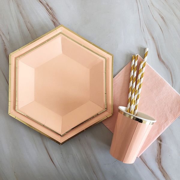 

gold foil pink birthday party wedding decor cake dish disposable tableware set party supplies paper plate cup baby shower favors