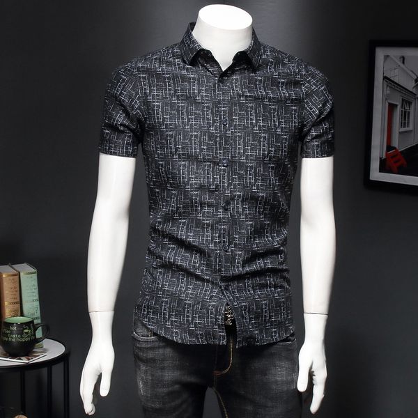 

summer black shirt men's casual social slim fit short sleeve dress shirt mens plus size clothes, White;black