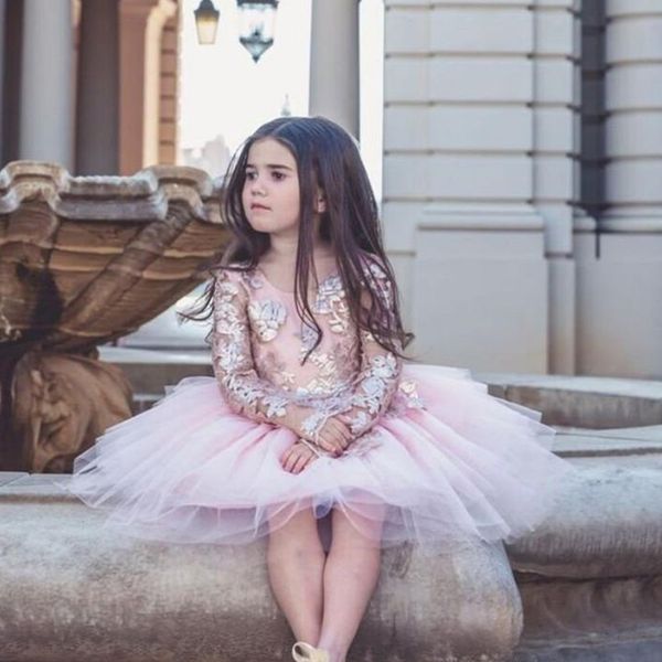

lovely blush pink tulle flower girl dress cute long sleeve sequined ball gown princess girl formal party birthday pageat wedding gown, White;red