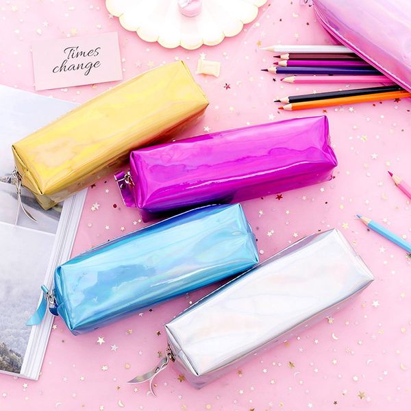 

1pc laser portable cosmetics colorful pen bag pouch kawaii large capacity pencil case stationery make up box girls gifts