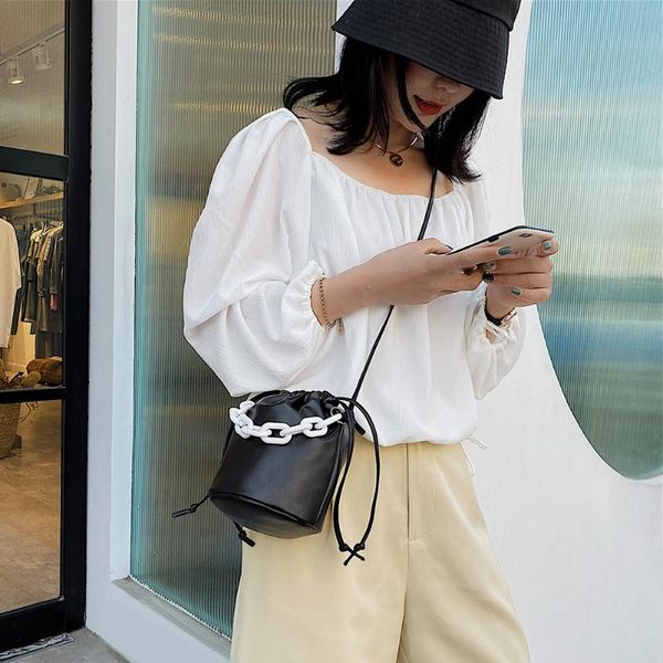 

women pu leather crossbody shoulder handbags casual small drawstring bucket bag fashion exquisite shopping bag