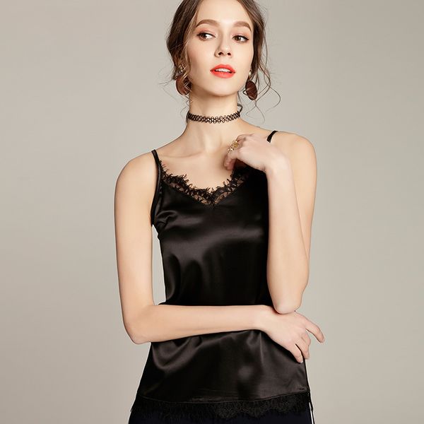 

Summer Silk Tank Top Women Sexy V Neck Sleeveless Basic Tops Blusas Casual Womens Vest Lace Camisole Crop Tops for Lady