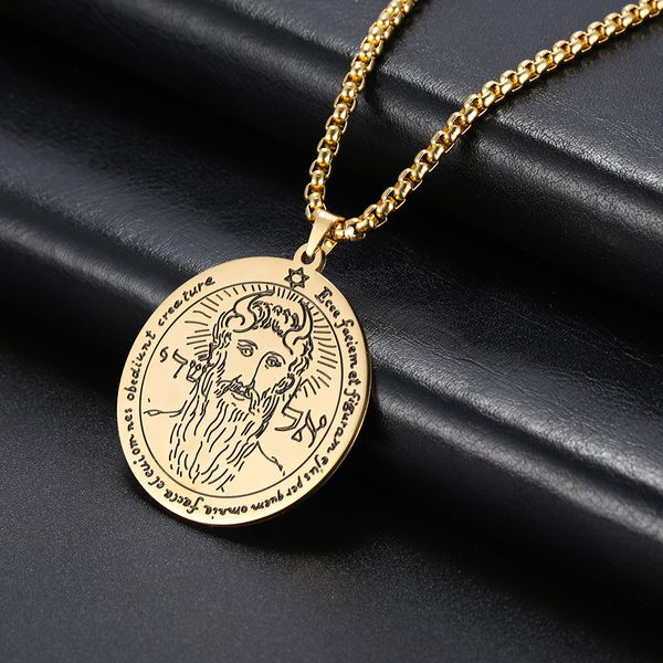 

teamer men key of solomon chain necklace amulet viking jewish the first pentacle of the sun stainless steel gold long necklaces, Silver
