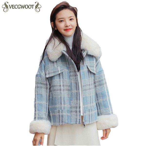 

short women woolen jacket plaid fur collar 2018 fashion winter new females coat thicker warm slim outerwear korean sweet pr546, Black