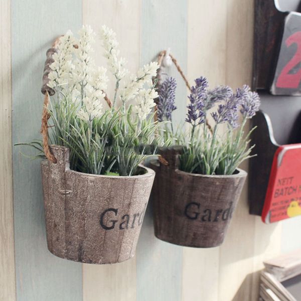 

new design 2pcs /lot round wooden pot with lavender flowers hangable wall wooden vase with flower home &garden decor