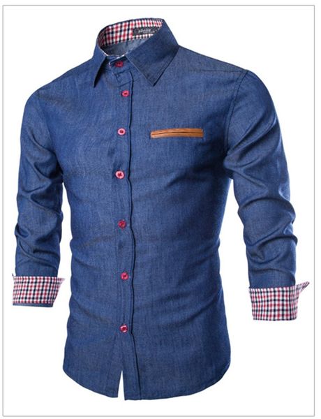 

casual men's shirt long-sleeved denim slim men's leather pocket shirt slim 100% cotton drop shipping clothes plus size, White;black