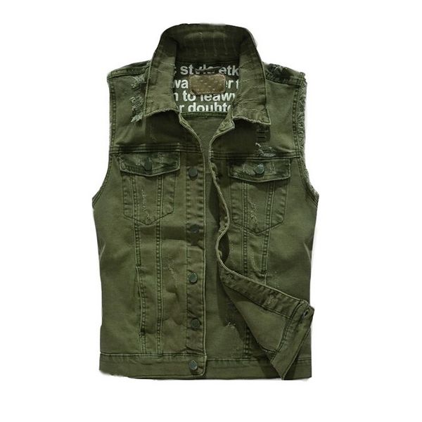 

vxo 2019 personality slim men's denim vest men's denim vest army green waistcoats fit cowboy ripped jacket, Black;white