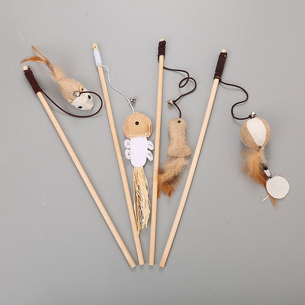 

cat toys 40cm pet teaser feather linen wand catcher stick interactive wood rod mouse toy