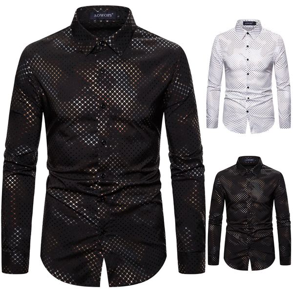 

spring new casual mens long sleeve shirt black white spot digital bronzing printing stretch shirt, White;black