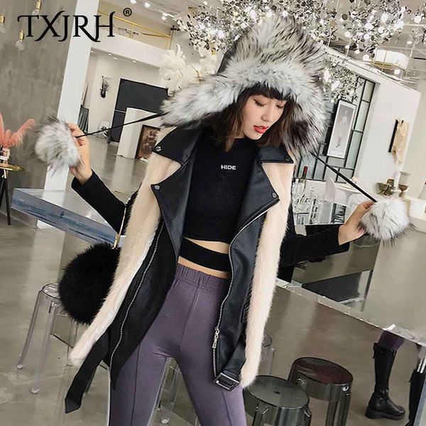 

txjrh stylish flase 2 piece hairy shaggy faux fur gilet vest women stitching faux leather sleeveless jacket waistcoat 2 colors, Black