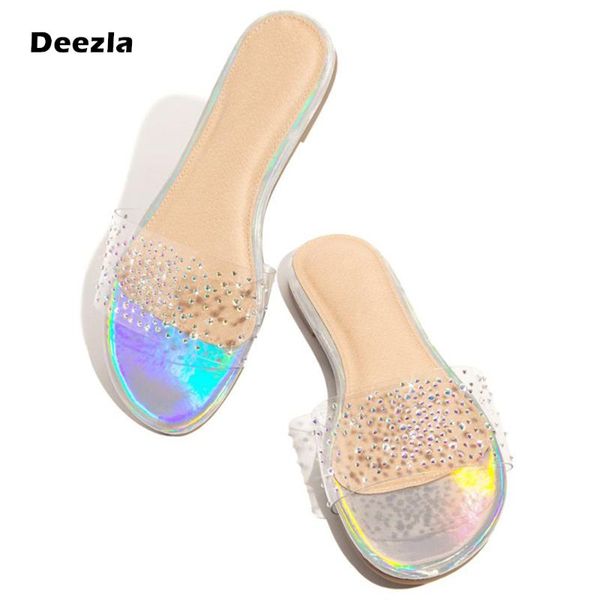 

summer women transparent slippers new fashion diamond female flip flops woman beach shoes plus size flat ladies slides 42 deezla, Black