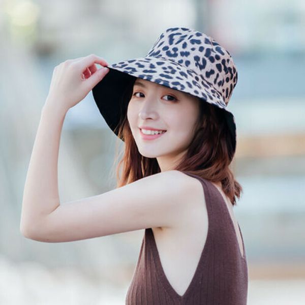 

double sided women leopard print bucket hat outdoor fisherman sunshade cap causual hunting hat new, Blue;gray