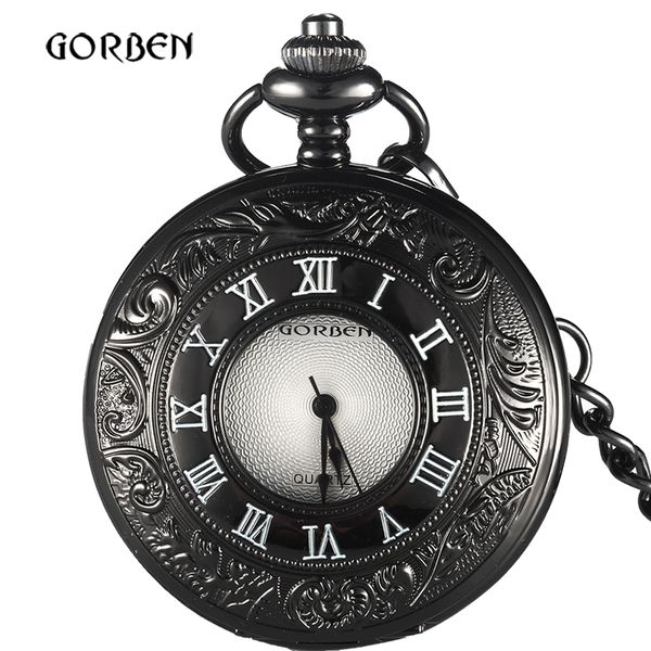 

retro antique bronze black pocket watch vintage flip fob quartz mens watch with chain roman number japan movt relogio de bolso, Slivery;golden