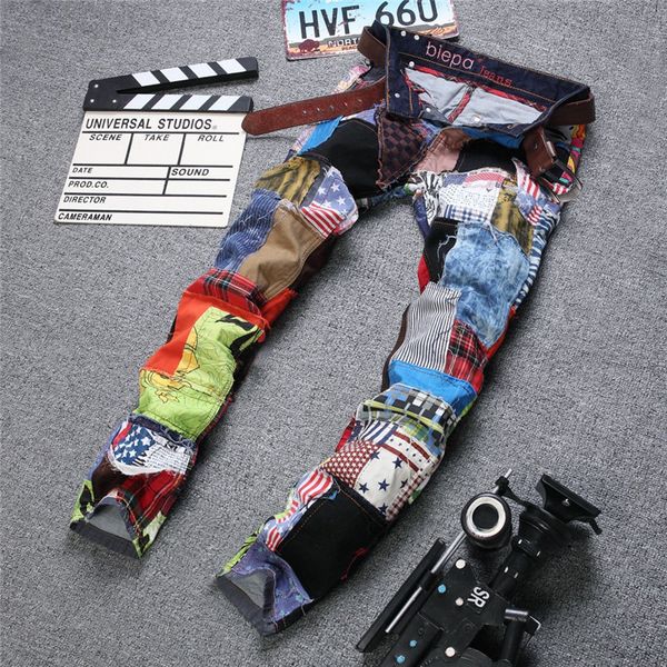 

2019 colorful jeans men denim pant patch jeans slim fit fashion designer fashion show denim men, Blue