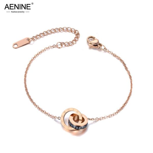 

aenine titanium stainless steel cz crystal circle charm bracelets for women girls rose gold chain link bracelet jewelry ab19111, Black