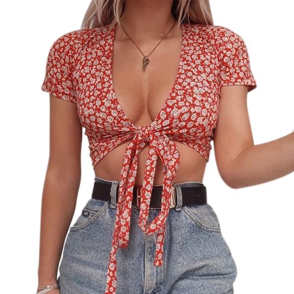 

vintage deep v-neck t-shirt beachwear women short sleeve floral print t-shirt summer lace-up bow crop top, White
