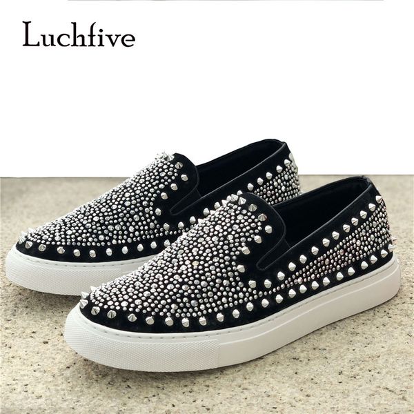 

studed flat platform sneakers for men slip on casual shoes red black crystal embellished loafers driver shoes